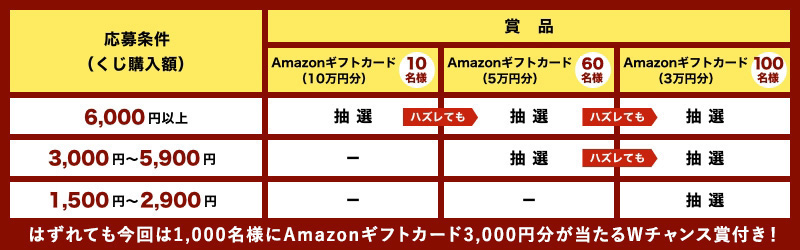 Amazonギフトカードが当たるキャンペーンの応募条件と賞品一覧 6,000円以上購入の場合は10万円分(10名)、5万円分(60名)、3万円分(100名)の抽選に参加でき、いずれかに当たるチャンスがある。3,000円~5,900円購入の場合は5万円分(60名)、3万円分(100名)の抽選に参加でき、どちらかに当たるチャンスがある。1,500円~2,900円購入の場合は3万円分(100名)の抽選に参加できる。はずれても今回は1,000名様にAmazonギフトカード3,000円分が当たるWチャンス賞付き!