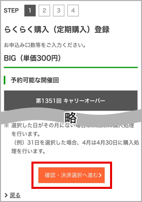 ４項目についてそれぞれ選択して、「確認・決済選択へ進む」をタップ