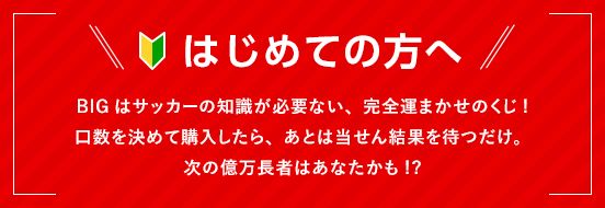 はじめての方へ BIGはサッカーの知識が必要ない、完全運まかせのくじ！口数を決めて購入したら、あとは当せん結果を待つだけ。次の億万長者はあなたかも！？