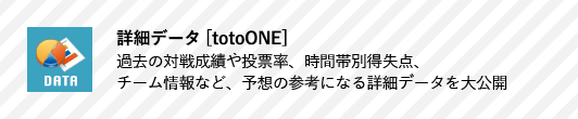 詳細データ[totoONE] 過去の対戦成績や投票率、時間帯別得失点、チーム情報など、予想の参考になる詳細データを大公開