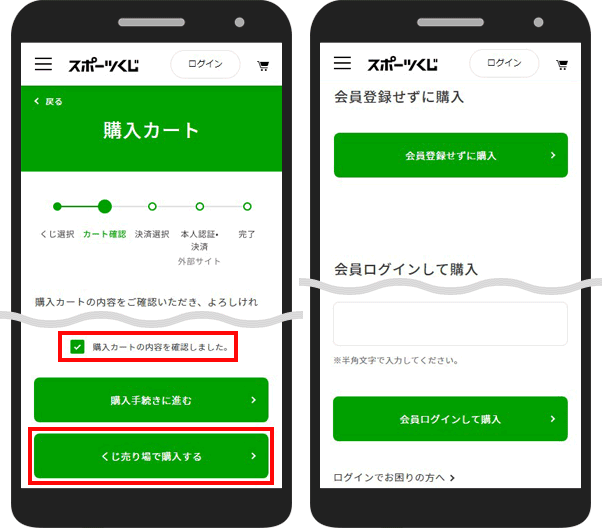 STEP7 カート確認・会員登録せずに購入／会員ログインして購入を選択